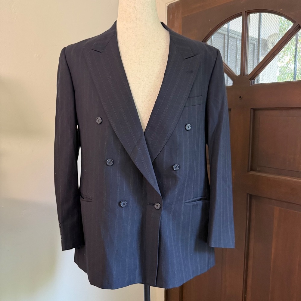 VTG Chaps Ralph Lauren Suit Double Breasted Pinstripe Wool | Navy *Read for Size